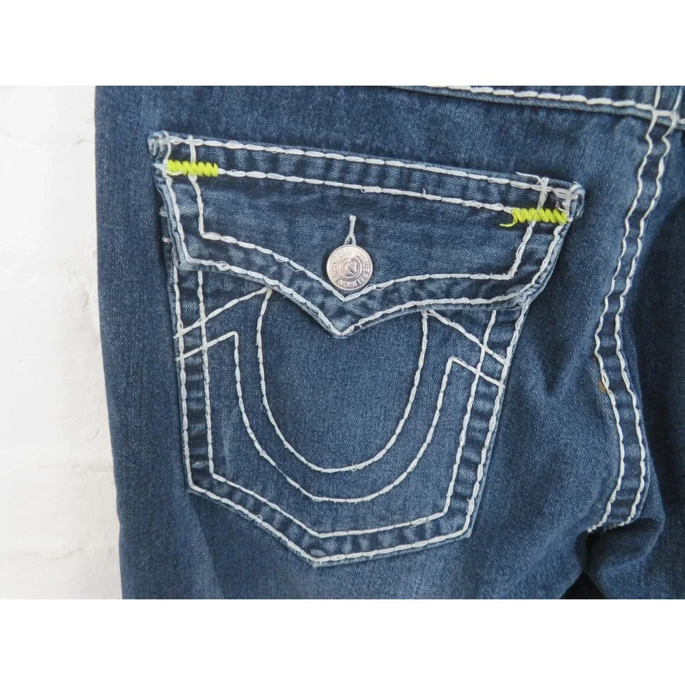 Vtg True Religion Ricky Super T JeansMen 42x34 Blue Flap Pocket USA Thick Stitch